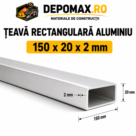 Teava rectangulara aluminiu 150 x 20 x 2 mm, 6 metri (EN AW-6060)